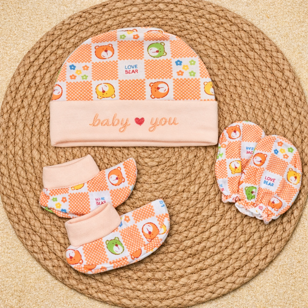 Assorted 100% Knitted Cotton Mittens Booties Cap Set for Newborn Babies (orange)code: NBE-Knitted Cotton